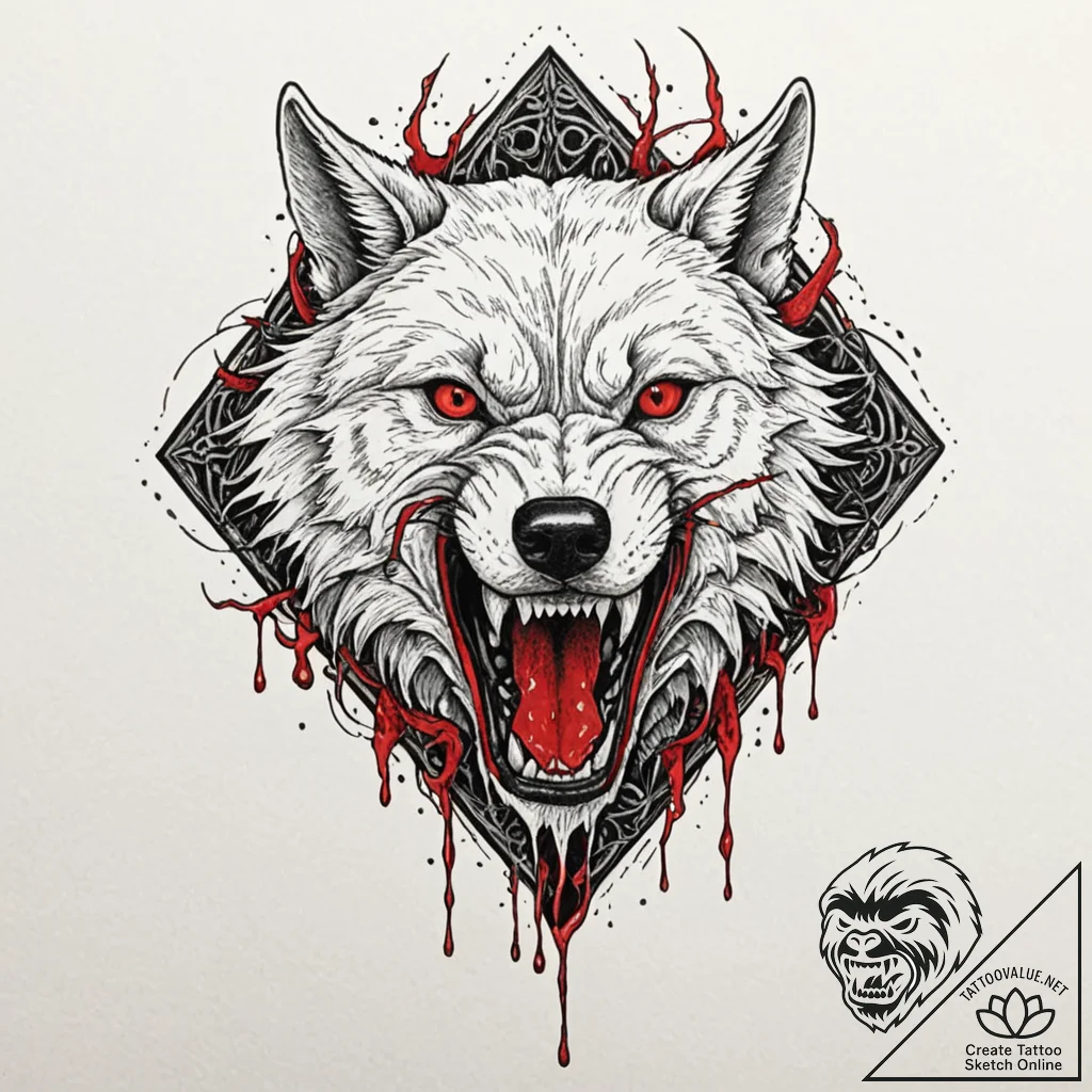 Abyssal wolf with dripping fangs, tattoo line... - tattoo sketch (№1753556724_0, 26.07.2025 19:05) — tattoovalue.net