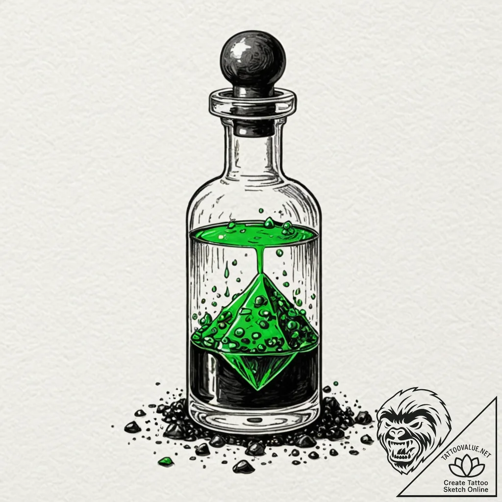 Vial of poison with a glowing, green liquid,... - tattoo sketch (№1753559336_0, 26.07.2025 19:48) — tattoovalue.net