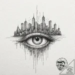 Anime eye reflecting a neon city skyline, art… – tattoo sketch (№1753559938_0, 26.07.2025 19:58) — tattoovalue.net