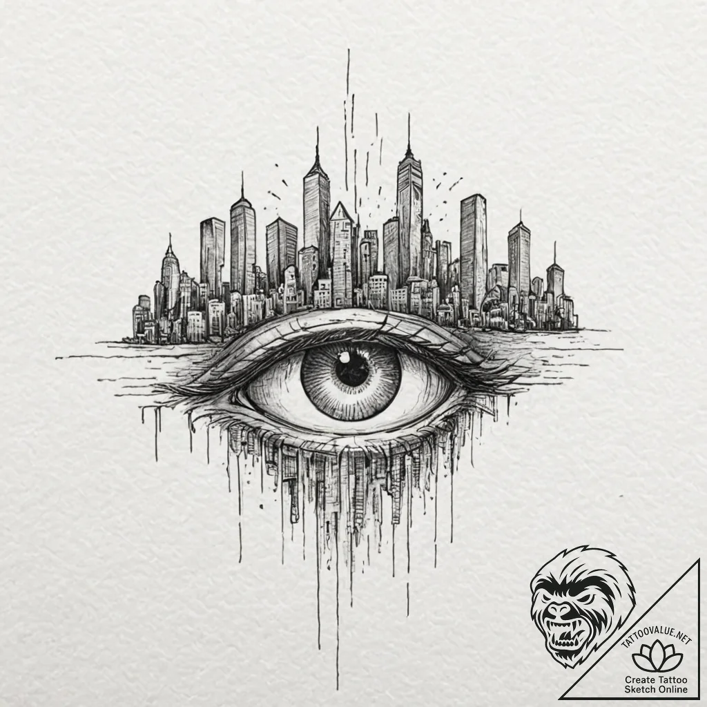 Anime eye reflecting a neon city skyline, art... - tattoo sketch (№1753559938_0, 26.07.2025 19:58) — tattoovalue.net