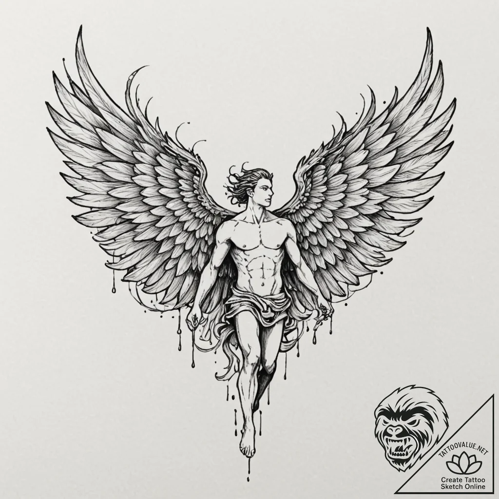 Icarus, but his wings are made of burning cir... - tattoo sketch (№1753561720_0, 26.07.2025 20:28) — tattoovalue.net