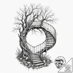 Hollow tree with a spiral staircase inside, a… – tattoo sketch (№1753562298_0, 26.07.2025 20:38) — tattoovalue.net