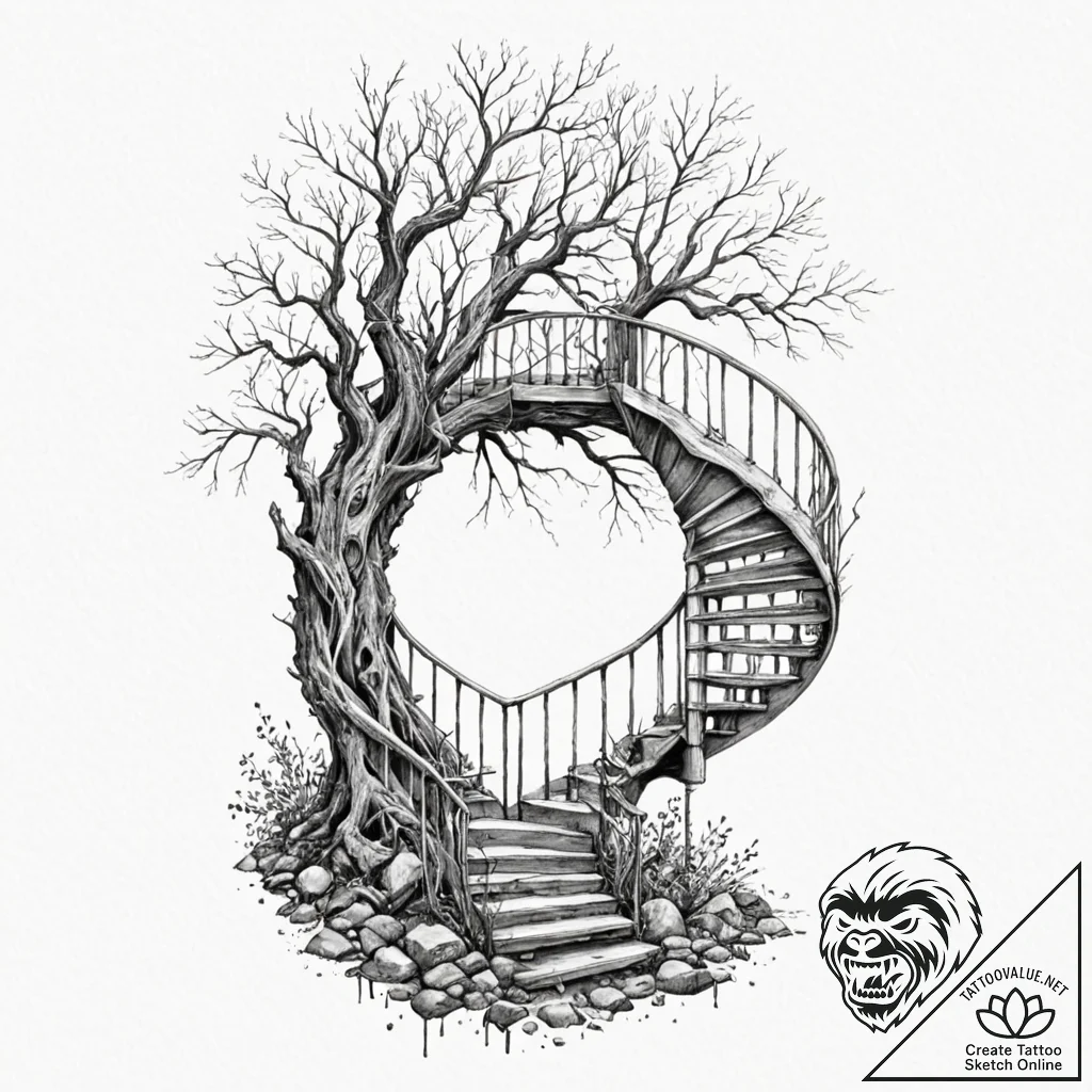 Hollow tree with a spiral staircase inside, a... - tattoo sketch (№1753562298_0, 26.07.2025 20:38) — tattoovalue.net