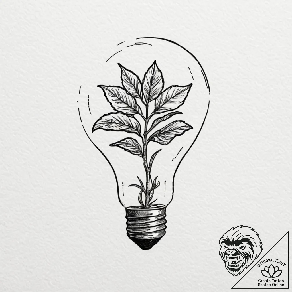 Lightbulb with a plant growing inside - tattoo sketch (№1753563727_0, 26.07.2025 21:02) — tattoovalue.net