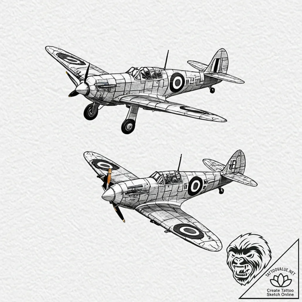 Spitfire airplane in a dogfight with a messer... - tattoo sketch (№1753563937_0, 26.07.2025 21:05) — tattoovalue.net