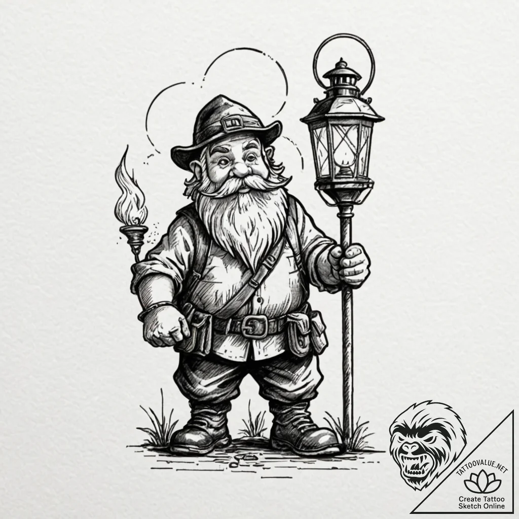 Dwarf miner with a lantern, tattoo flash shee... - tattoo sketch (№1753564722_0, 26.07.2025 21:18) — tattoovalue.net