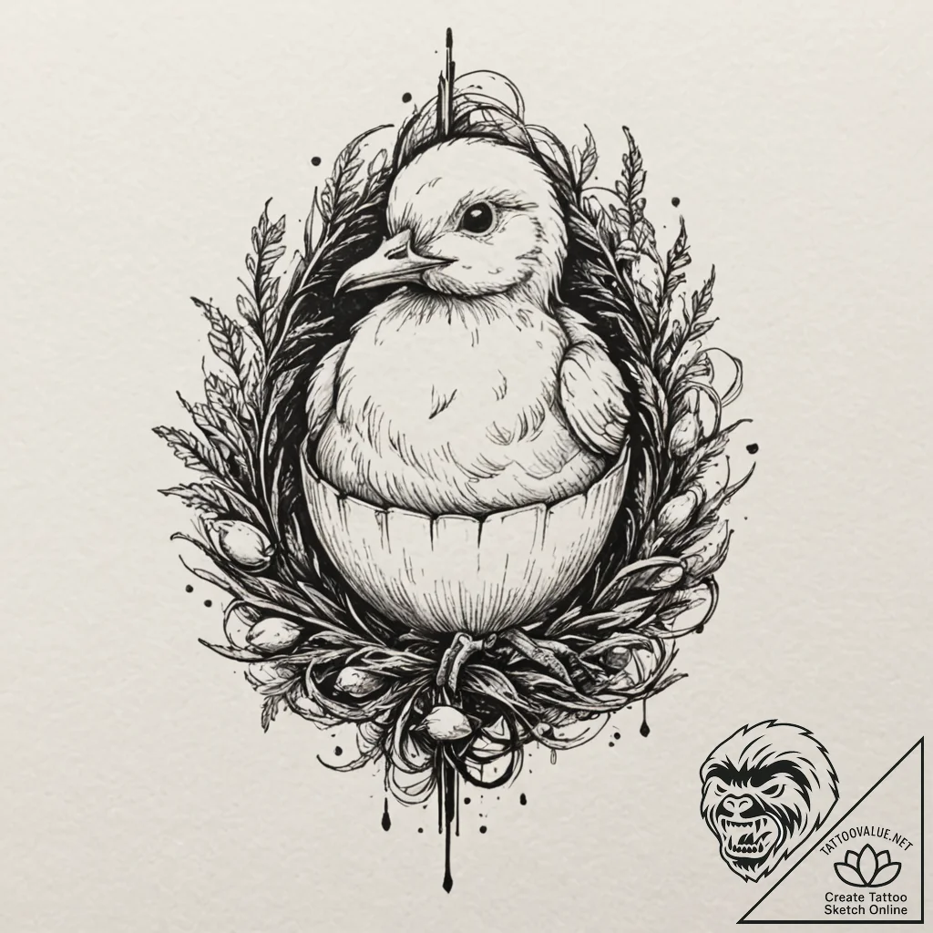 A detailed broken eggshell with a chick emerg... - tattoo sketch (№1753564935_0, 26.07.2025 21:22) — tattoovalue.net