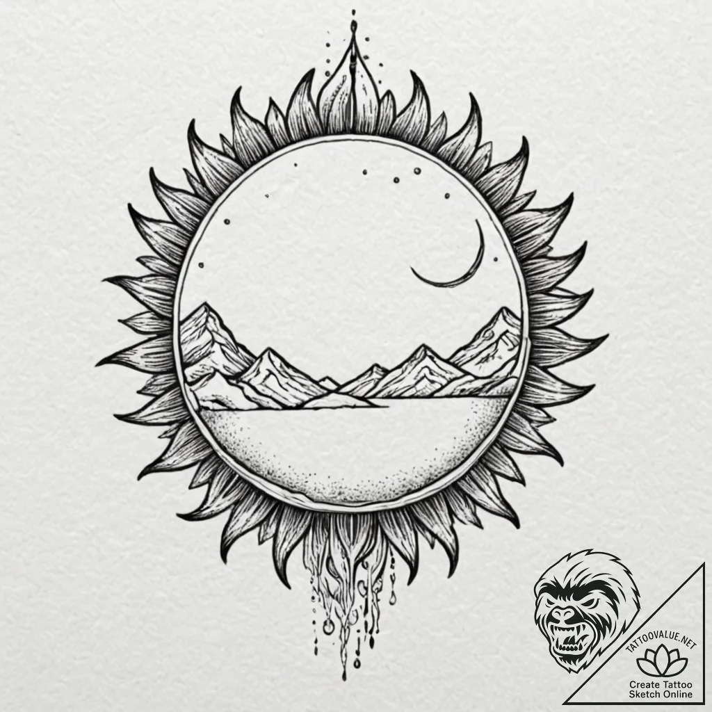 Eclipse swallowing the sun over a lone mounta... - tattoo sketch (№1753565750_0, 26.07.2025 21:35) — tattoovalue.net