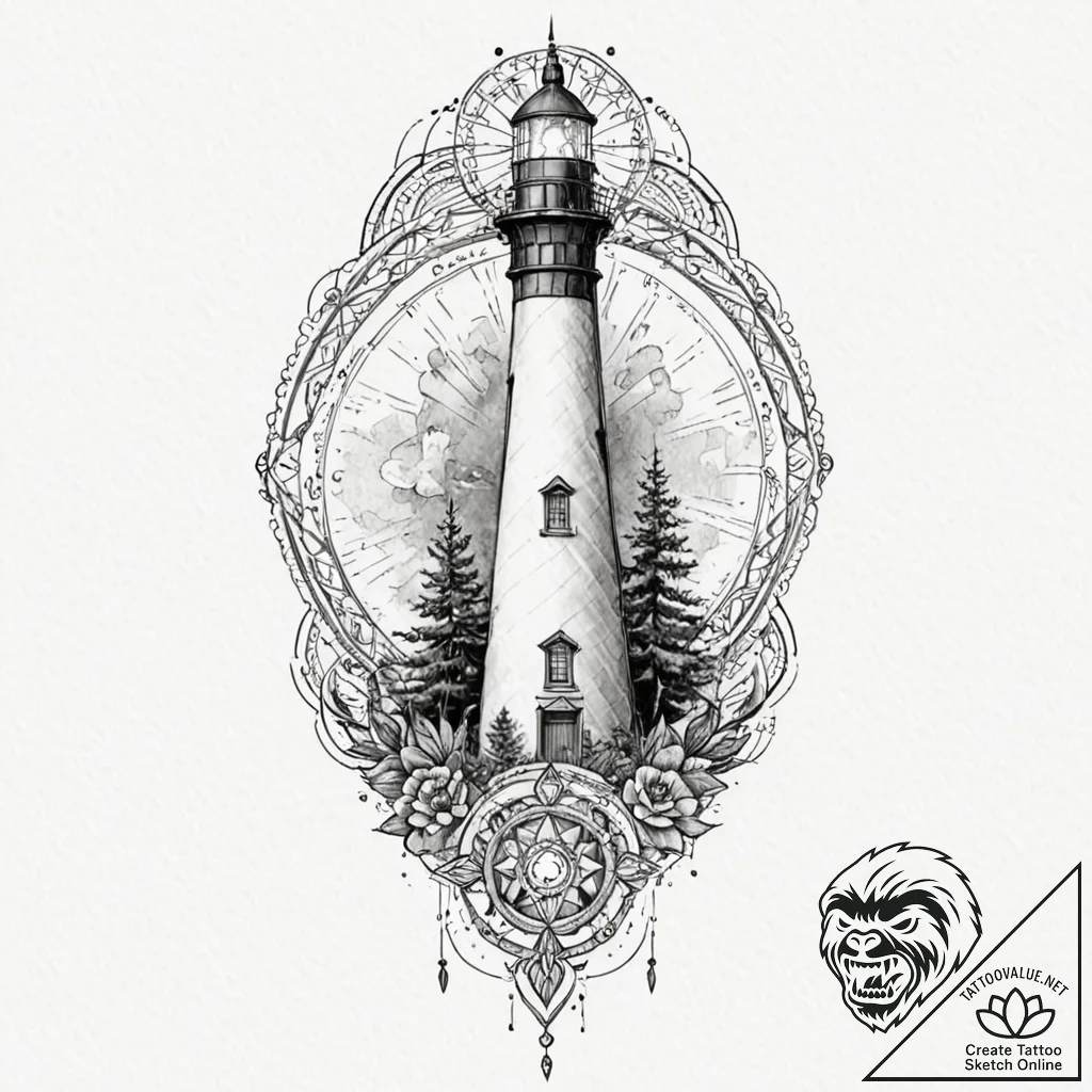 Lighthouse wrapped in ghostly fog, artistic t... - tattoo sketch (№1753566939_0, 26.07.2025 21:55) — tattoovalue.net