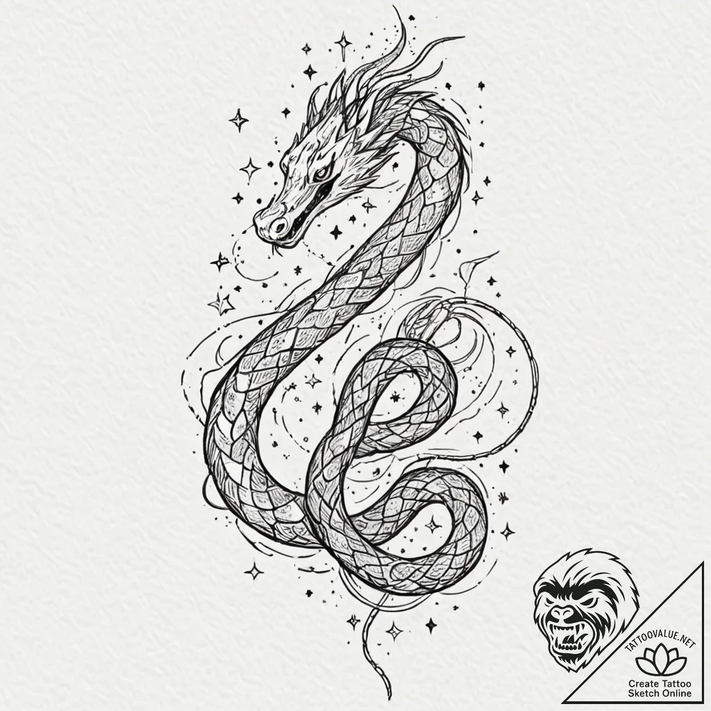 Oracle serpent coiling through stars, artisti... - tattoo sketch (№1753567145_0, 26.07.2025 21:59) — tattoovalue.net