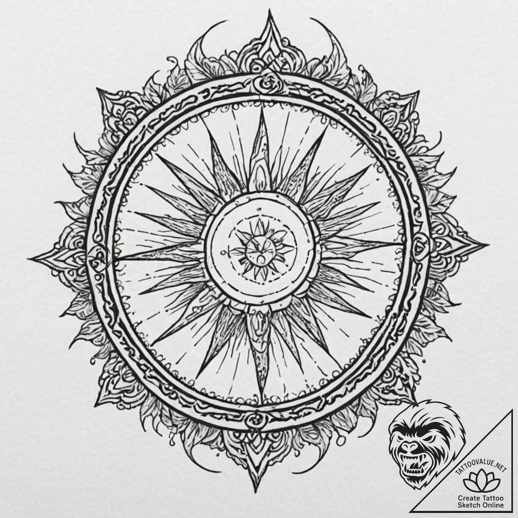 Sun wheel bound in thorned vines, concept art... - tattoo sketch (№1753568349_0, 26.07.2025 22:19) — tattoovalue.net