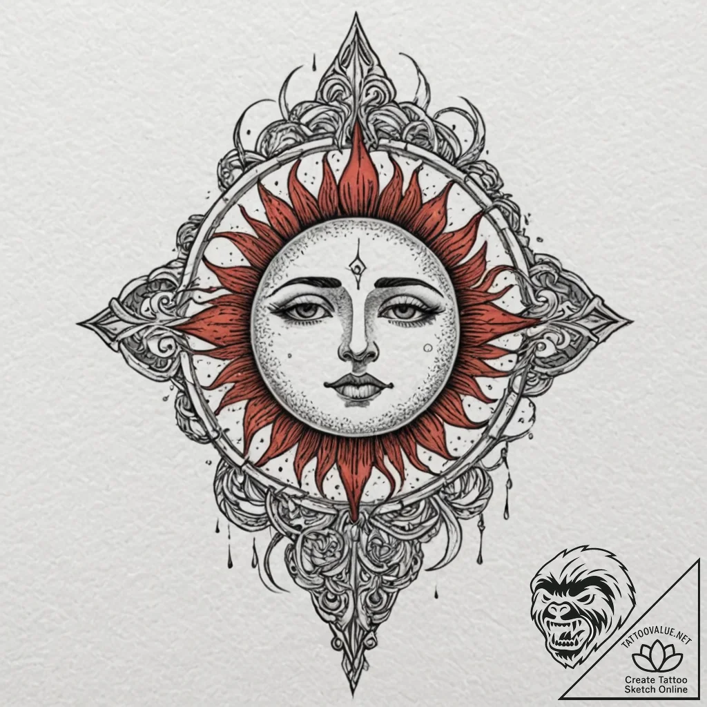 Apocalyptic sun bleeding into sky, tattoo fla... - tattoo sketch (№1753568546_0, 26.07.2025 22:22) — tattoovalue.net