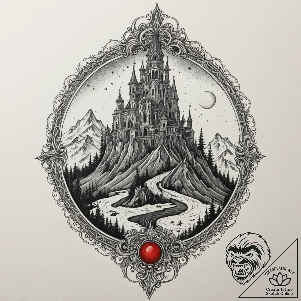 Ghost relic beneath spectral spire, artistic... - tattoo sketch (№1753568750_0, 26.07.2025 22:25) — tattoovalue.net
