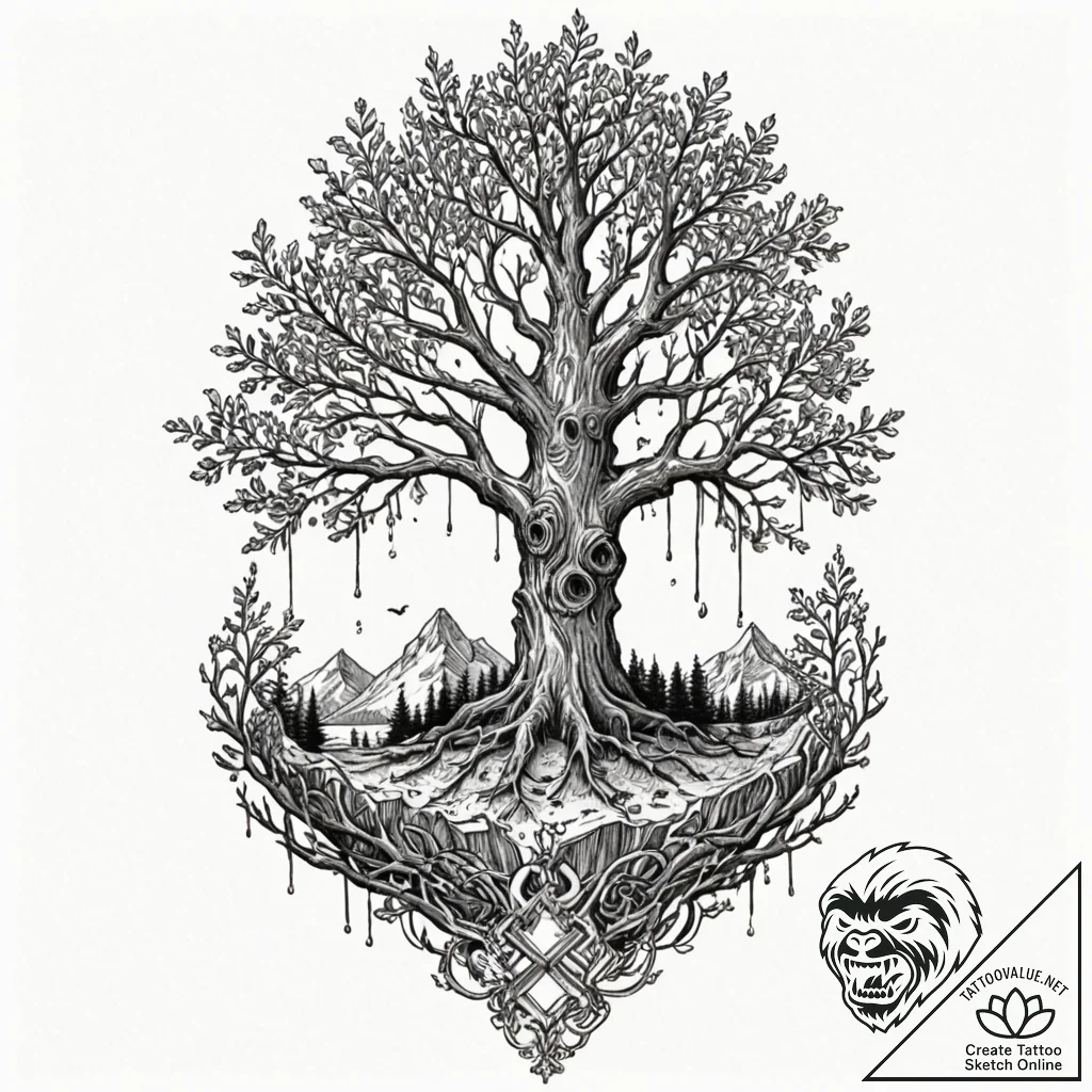 Gilded relic beneath spectral tree, ink illus... - tattoo sketch (№1753568958_0, 26.07.2025 22:29) — tattoovalue.net