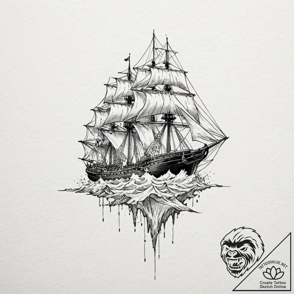 Frigate, concept art for tattoo, minimalist a... - tattoo sketch (№1753569376_0, 26.07.2025 22:36) — tattoovalue.net
