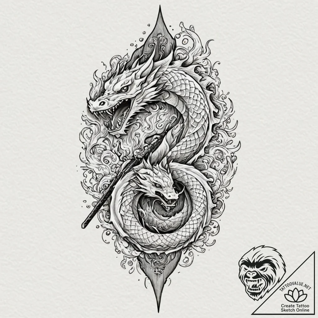 Katana blade devouring flame, concept art for... - tattoo sketch (№1753569963_0, 26.07.2025 22:46) — tattoovalue.net