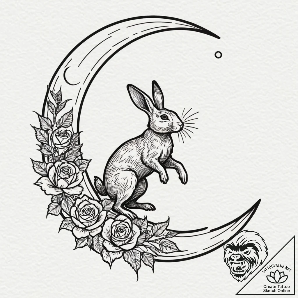 Rabbit silhouette jumping over the moon, tatt... - tattoo sketch (№1753570356_0, 26.07.2025 22:52) — tattoovalue.net