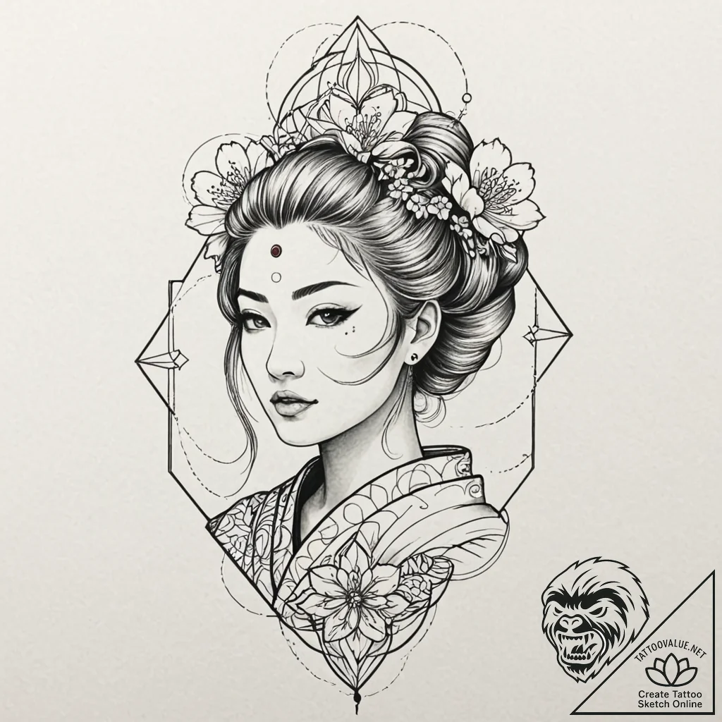 Cyborg geisha, tattoo drawing outline, styliz... - tattoo sketch (№1753571172_0, 26.07.2025 23:06) — tattoovalue.net