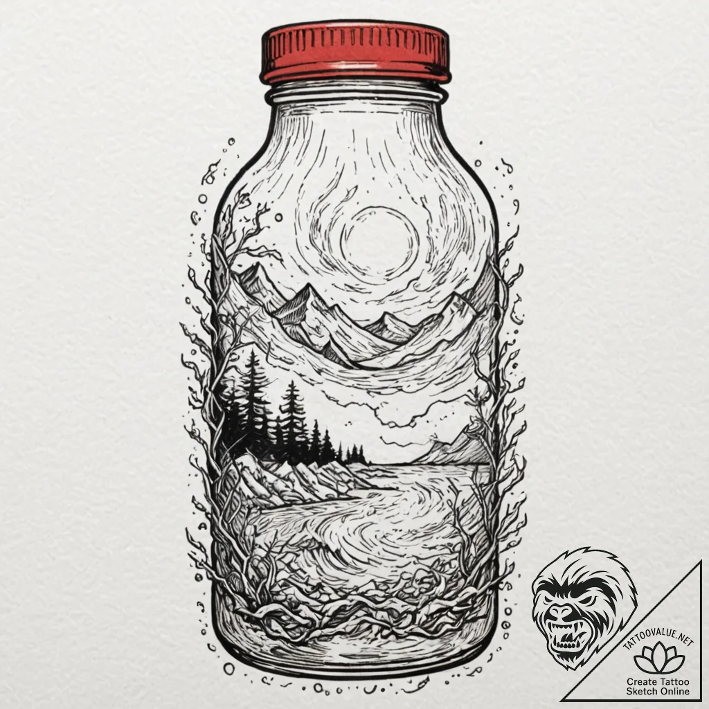 Glass bottle containing a tiny, raging storm,... - tattoo sketch (№1753572792_0, 26.07.2025 23:33) — tattoovalue.net