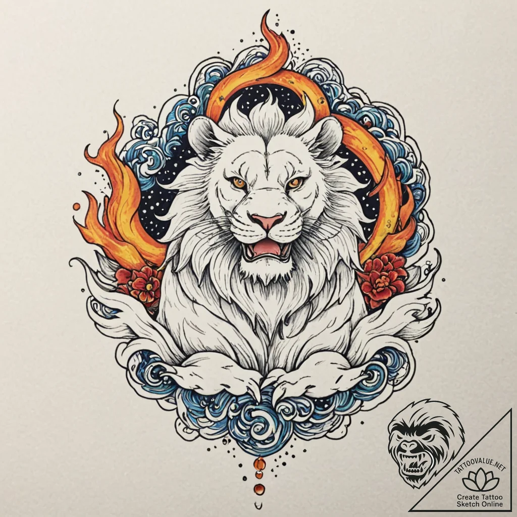 Noble lion beneath burning sky, artistic tatt... - tattoo sketch (№1753573000_0, 26.07.2025 23:36) — tattoovalue.net