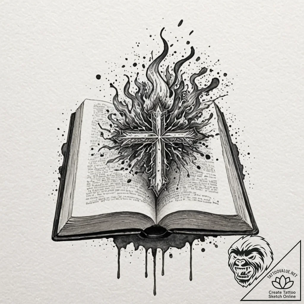 A powerful burning book, destructive,, concep... - tattoo sketch (№1753573202_0, 26.07.2025 23:40) — tattoovalue.net