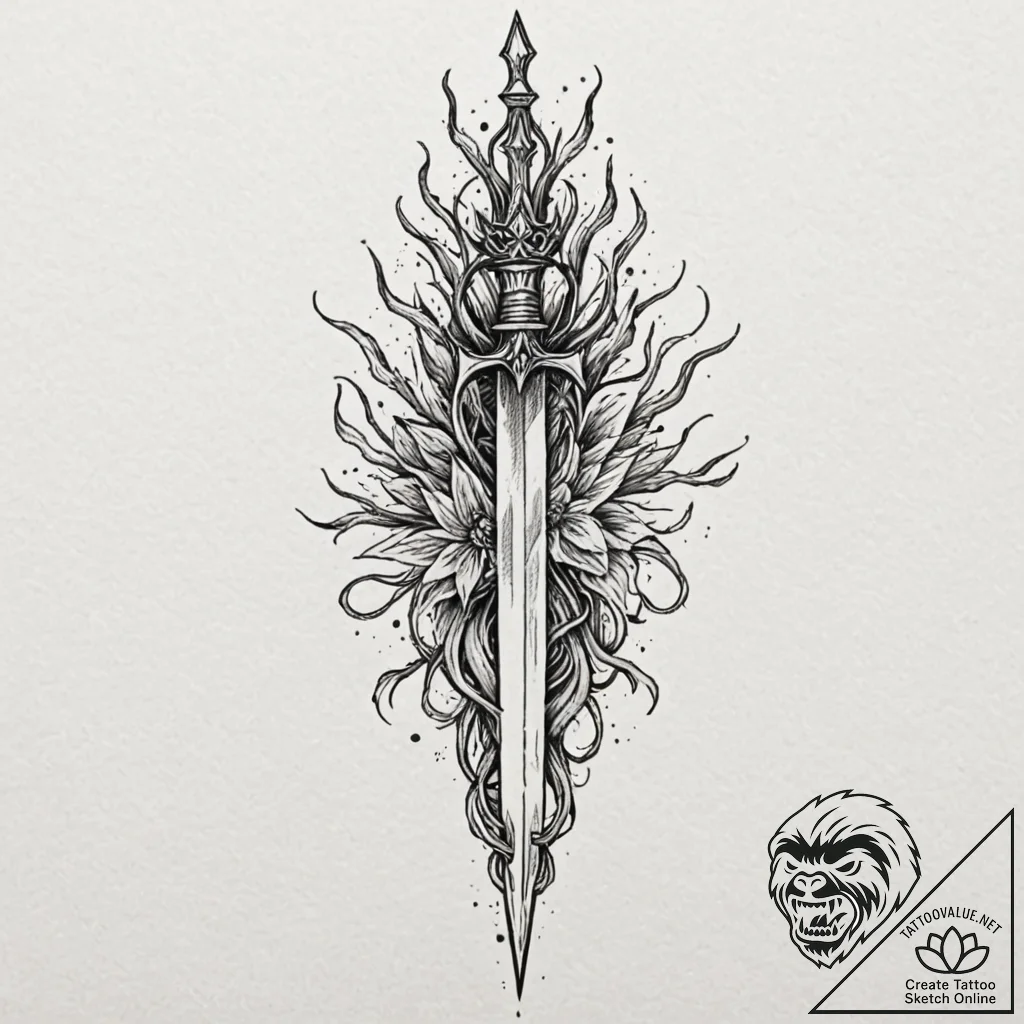 Hallowed dagger crowned with roots, tattoo fl... - tattoo sketch (№1753573420_0, 26.07.2025 23:43) — tattoovalue.net