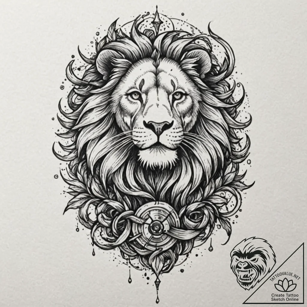 Ashen lion breaking ancient seal, tattoo line... - tattoo sketch (№1753574044_0, 26.07.2025 23:54) — tattoovalue.net