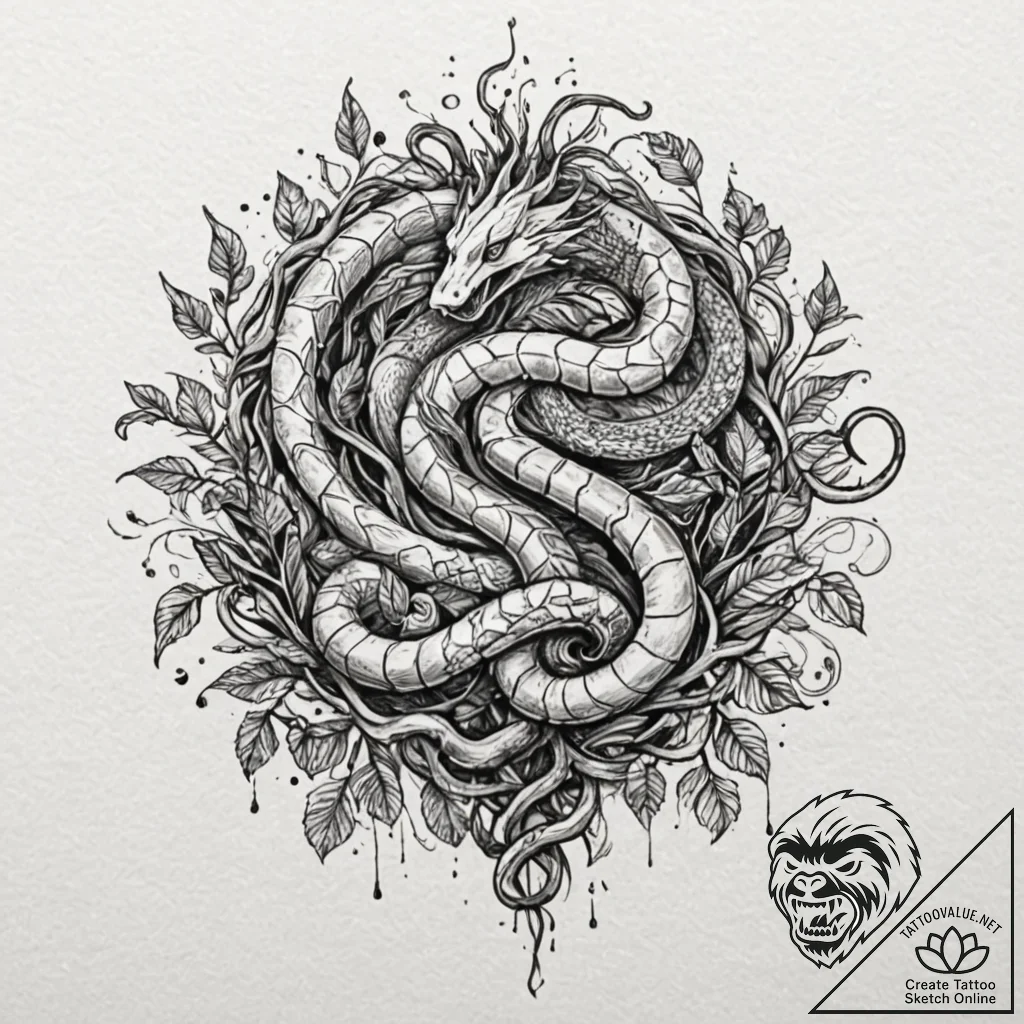 Ivory serpent crowned with roots, tattoo flas... - tattoo sketch (№1753574239_0, 26.07.2025 23:57) — tattoovalue.net