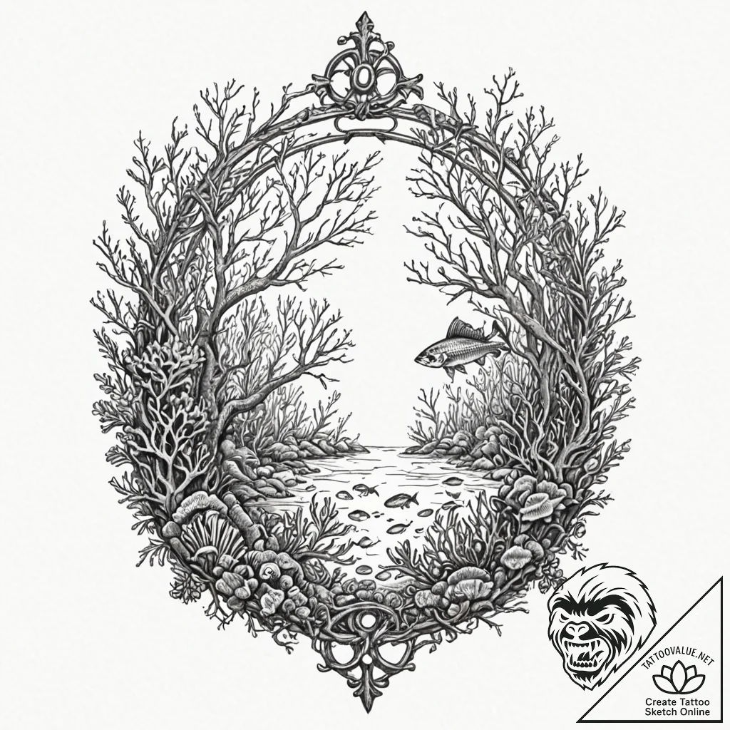 Sunken wheel beneath coral forest, artistic t... - tattoo sketch (№1753575231_0, 27.07.2025 00:13) — tattoovalue.net