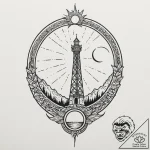 Tower crumbling beneath eclipsed sun, tattoo… – tattoo sketch (№1753576039_0, 27.07.2025 00:27) — tattoovalue.net