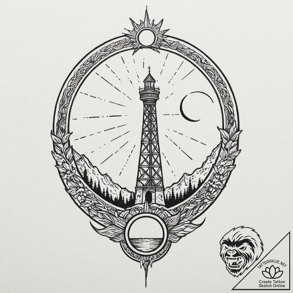 Tower crumbling beneath eclipsed sun, tattoo... - tattoo sketch (№1753576039_0, 27.07.2025 00:27) — tattoovalue.net