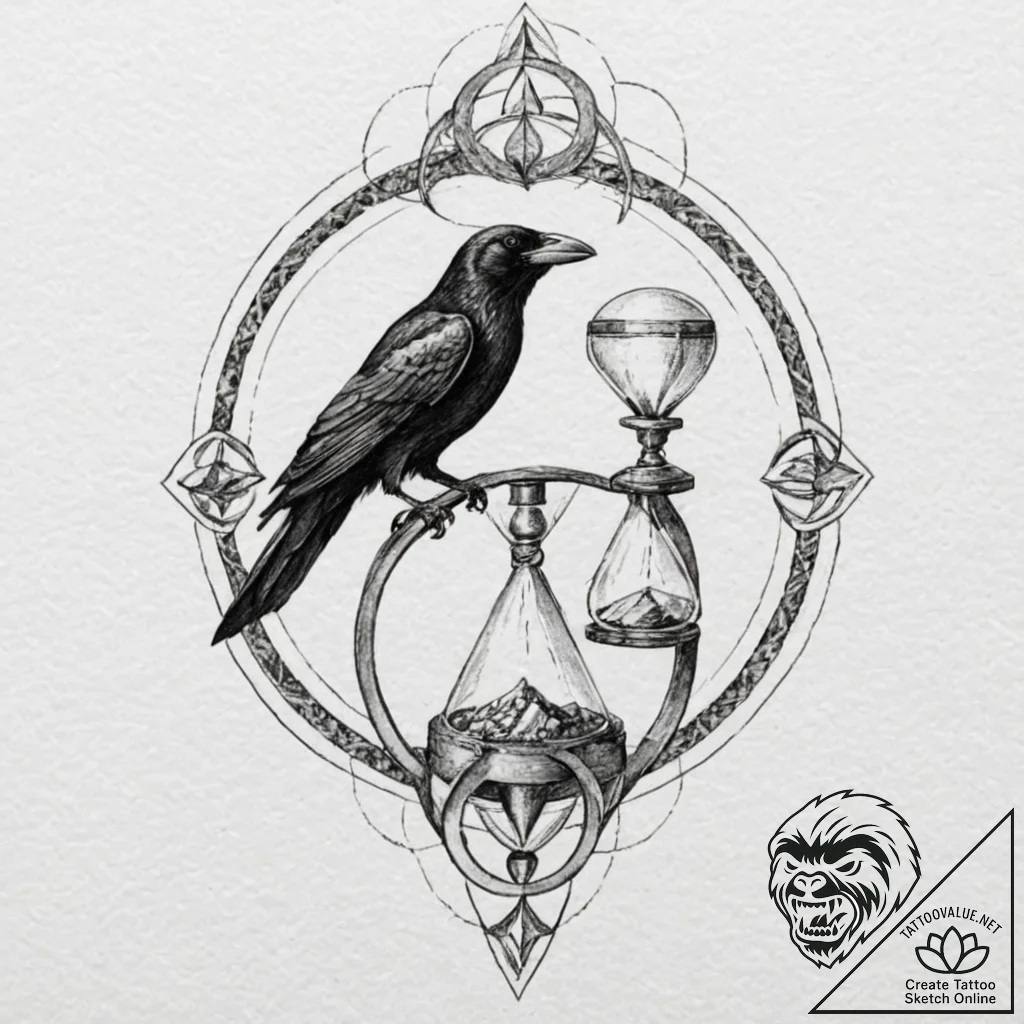 Bone raven perched on hourglass, tattoo sketc... - tattoo sketch (№1753576847_0, 27.07.2025 00:40) — tattoovalue.net