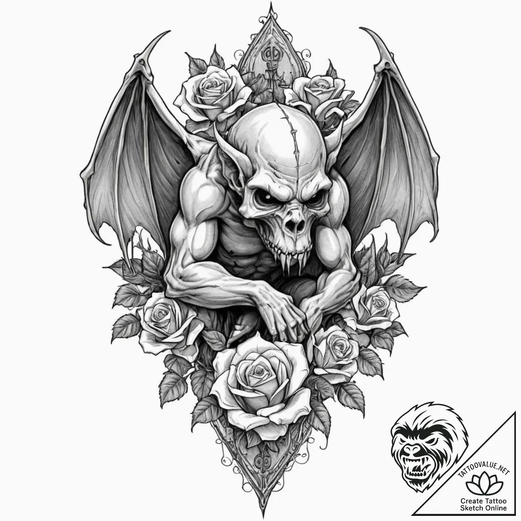 Gargoyle, hunched and menacing, on a gothic s... - tattoo sketch (№1753578052_0, 27.07.2025 01:00) — tattoovalue.net