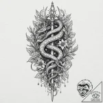 Serpent dagger crowned in stars, artistic tat… – tattoo sketch (№1753578257_0, 27.07.2025 01:04) — tattoovalue.net
