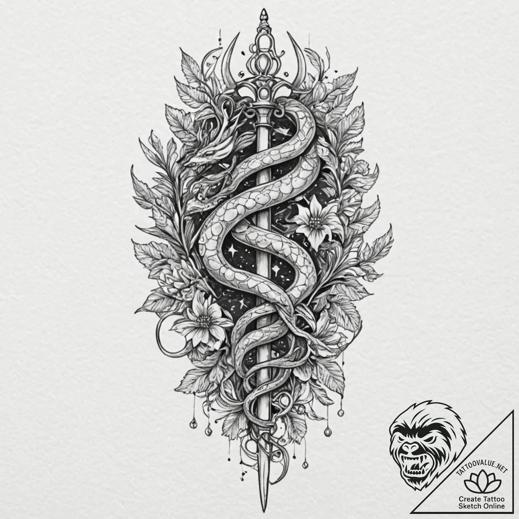 Serpent dagger crowned in stars, artistic tat... - tattoo sketch (№1753578257_0, 27.07.2025 01:04) — tattoovalue.net