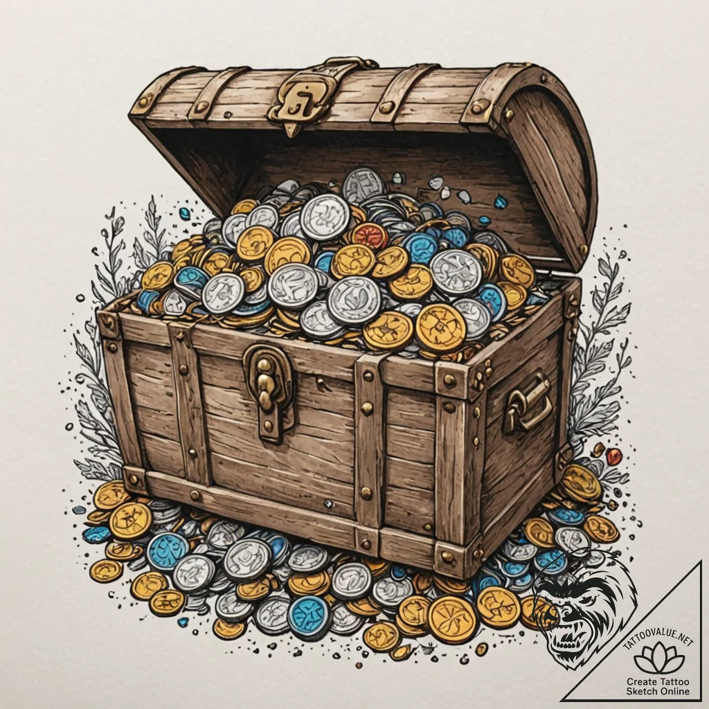 A detailed barrel full of coins, treasure che... - tattoo sketch (№1753578465_0, 27.07.2025 01:07) — tattoovalue.net
