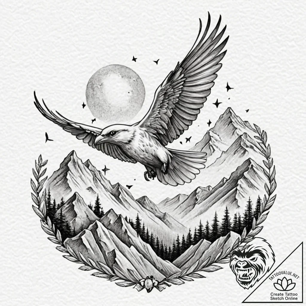 A whimsical bird flying over mountains, freed... - tattoo sketch (№1753579666_0, 27.07.2025 01:27) — tattoovalue.net