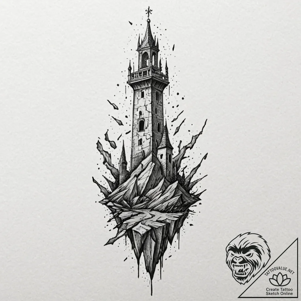 Hidden blade beneath shattered spire, tattoo... - tattoo sketch (№1753579859_0, 27.07.2025 01:30) — tattoovalue.net