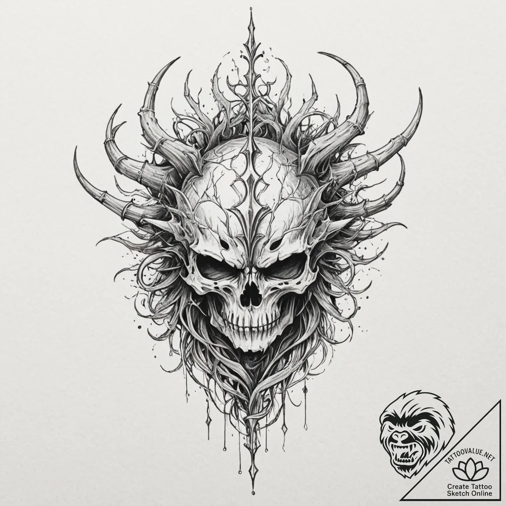 Ethereal roots piercing shattered helm, conce... - tattoo sketch (№1753580066_0, 27.07.2025 01:34) — tattoovalue.net