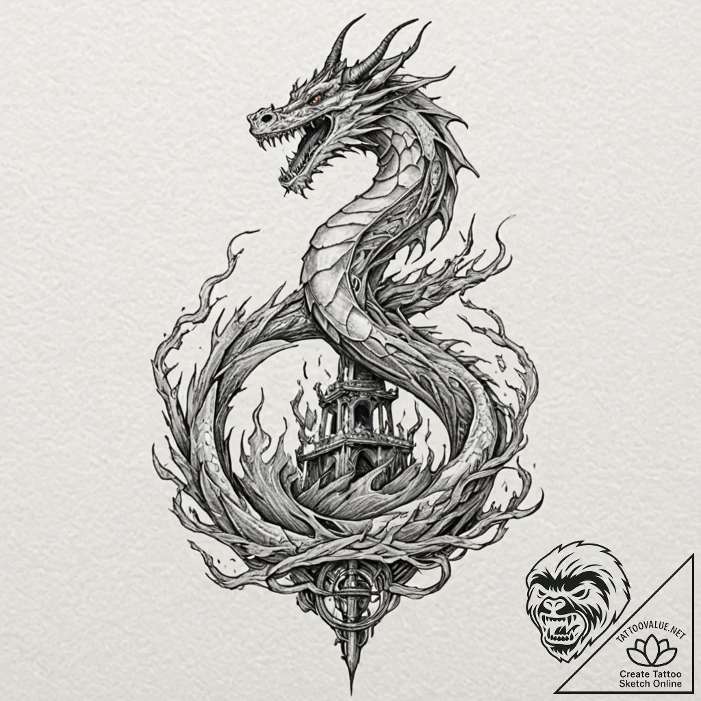 Dragon flame circling tower, concept art for... - tattoo sketch (№1753580277_0, 27.07.2025 01:37) — tattoovalue.net