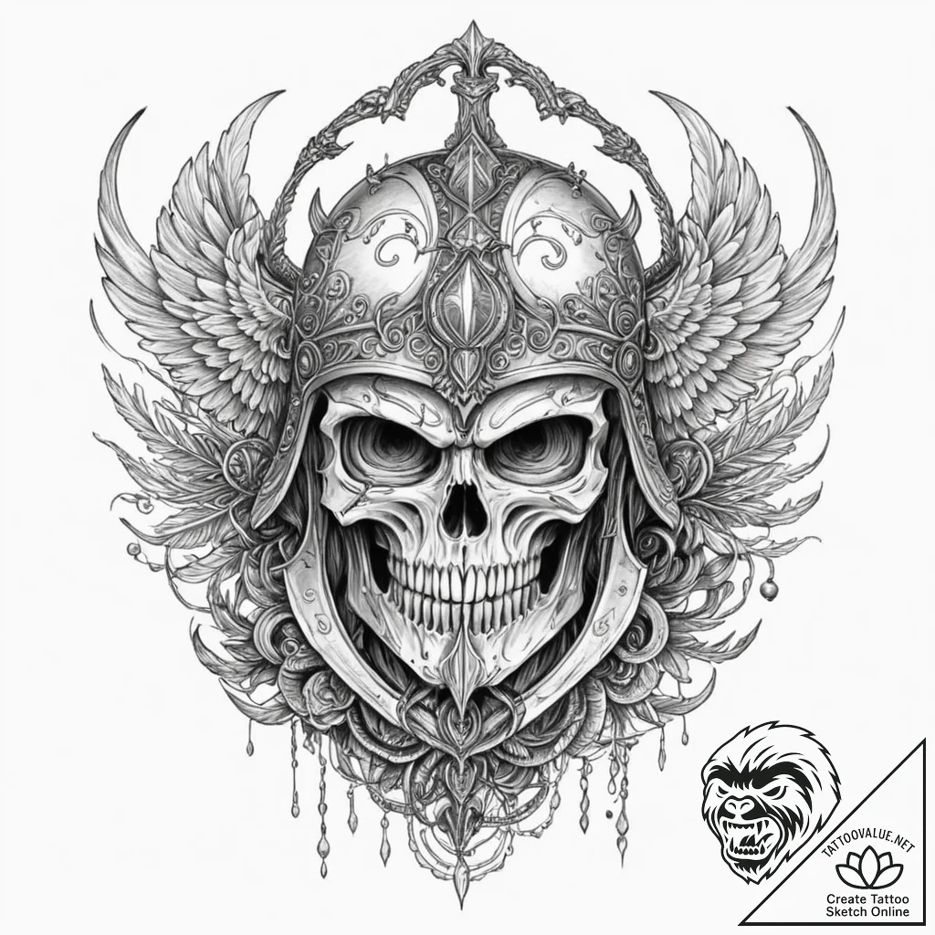 A detailed battle helmet with ancient symbols... - tattoo sketch (№1753580881_0, 27.07.2025 01:48) — tattoovalue.net