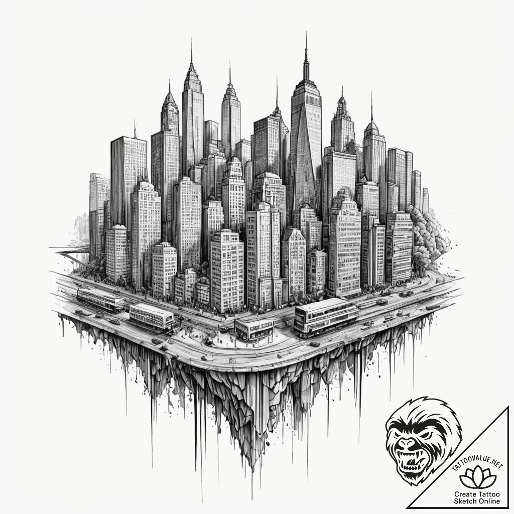 A barcode that morphs into a cityscape, conce... - tattoo sketch (№1753581083_0, 27.07.2025 01:51) — tattoovalue.net