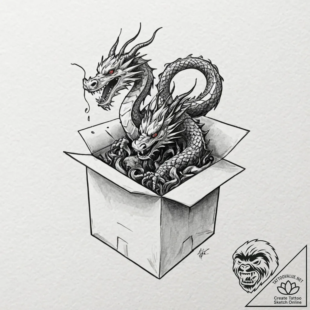 Chinese takeout box with a dragon emerging fr... - tattoo sketch (№1753581704_0, 27.07.2025 02:01) — tattoovalue.net