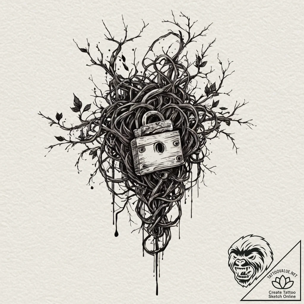 Locked vines strangling relic, ink illustrati... - tattoo sketch (№1753582914_0, 27.07.2025 02:21) — tattoovalue.net