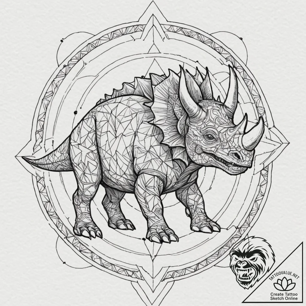 Triceratops with armored, cybernetic plates,... - tattoo sketch (№1753583535_0, 27.07.2025 02:32) — tattoovalue.net