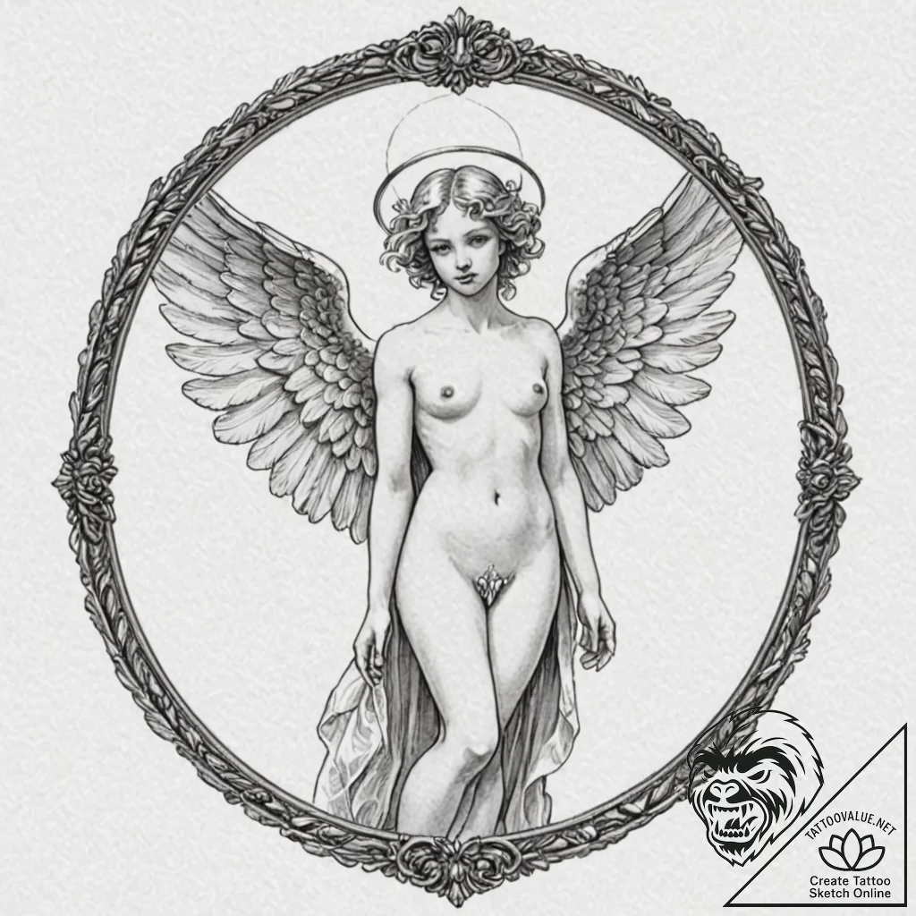 Animated angel trapped in mirror, concept art... - tattoo sketch (№1753584348_0, 27.07.2025 02:45) — tattoovalue.net