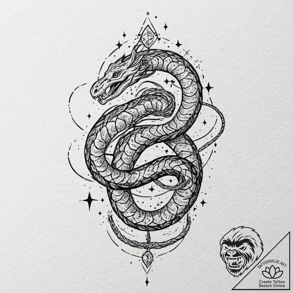 Astral serpent with starlight scales, ink ill... - tattoo sketch (№1753584550_0, 27.07.2025 02:49) — tattoovalue.net