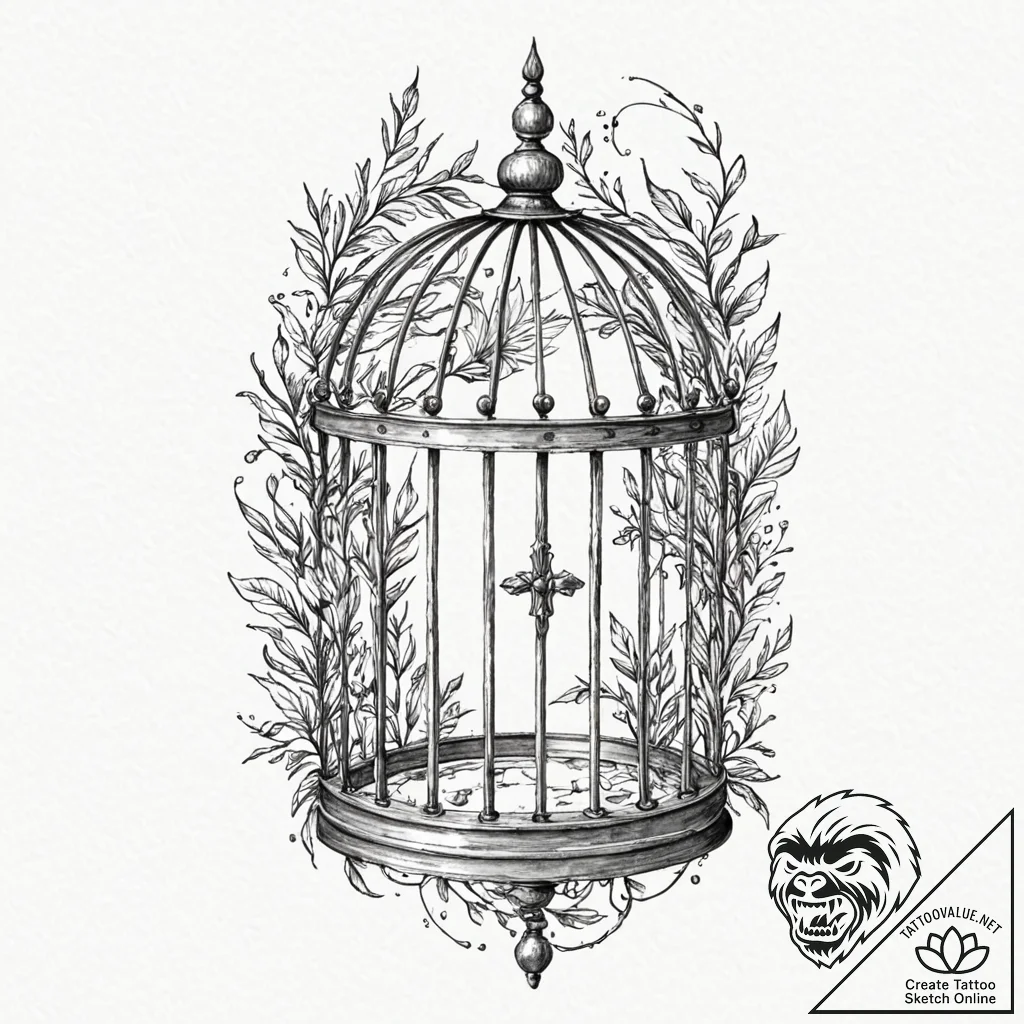 A whimsical birdcage with an open door, symbo... - tattoo sketch (№1753586193_0, 27.07.2025 03:16) — tattoovalue.net