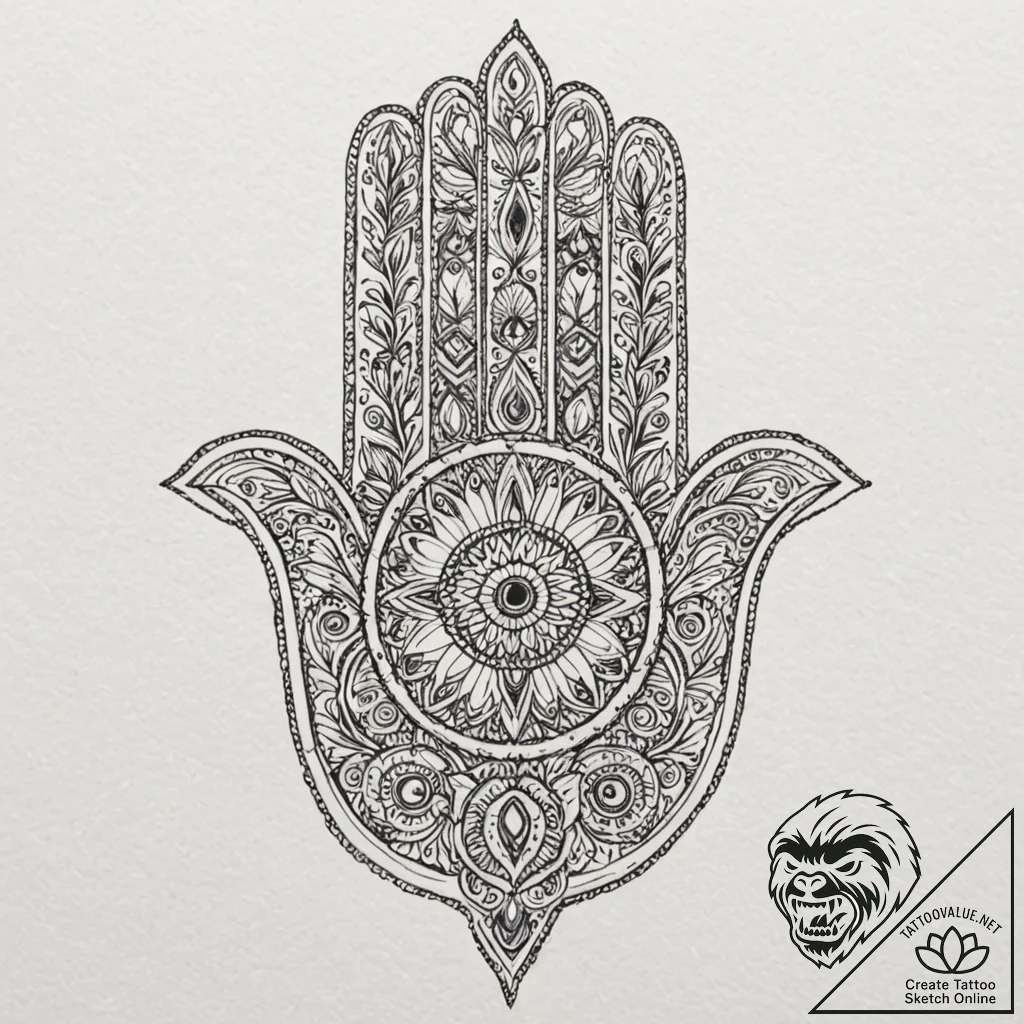 Hamsa hand made of interwoven circuits, tatto... - tattoo sketch (№1753588652_0, 27.07.2025 03:57) — tattoovalue.net