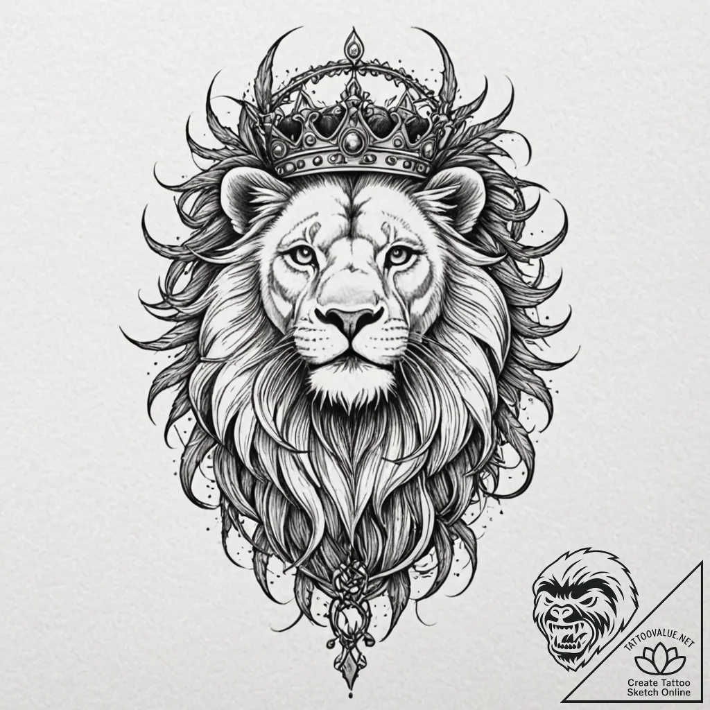 Ashen lion with crown of thorns, tattoo drawi... - tattoo sketch (№1753589056_0, 27.07.2025 04:04) — tattoovalue.net